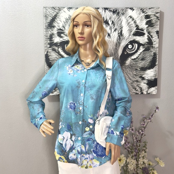 Teal Long Sleeve Floral Print Blouse - Picture 1 of 3
